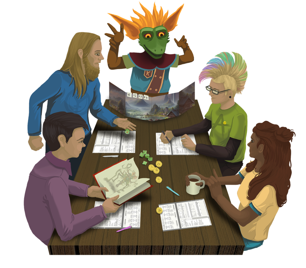 A group of players at a table, being led on an adventure by a kobold dungeon master